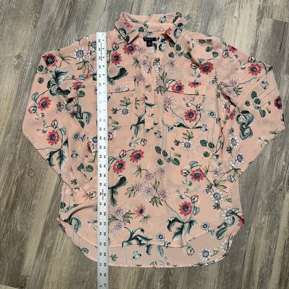 Ann Taylor Petite XSP Floral Popover Blouse Pink Long Sleeve Shirt Top - Picture 2 of 7